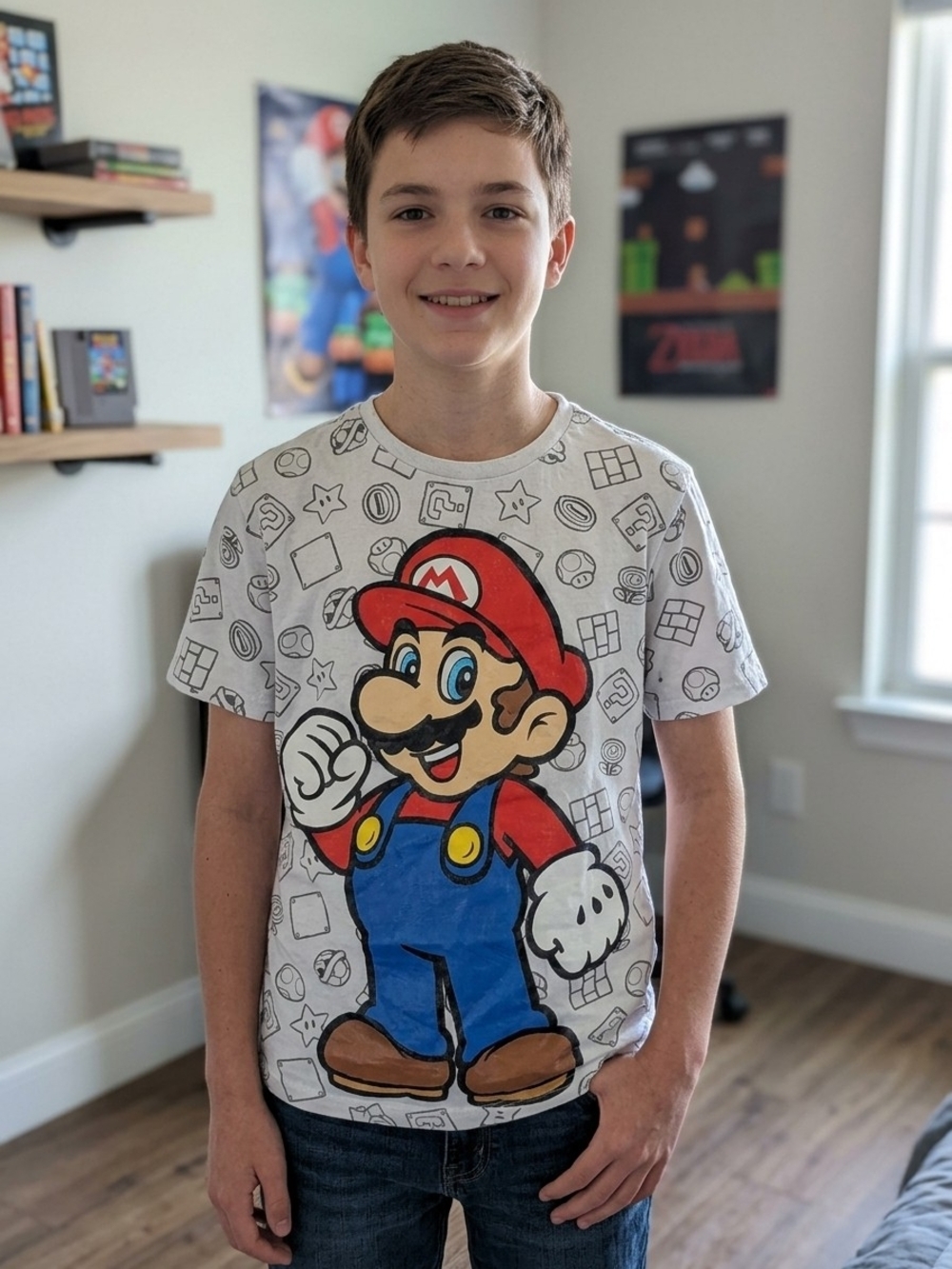 Nintendo Mario Kids Short Sleeve Tee - White with Red & Blue Size 10-12